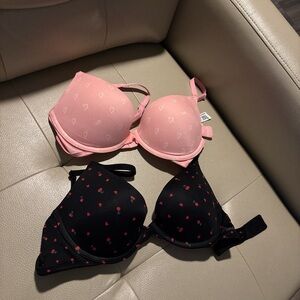 Two Victories Secret Pink and Black Heart Print Bras